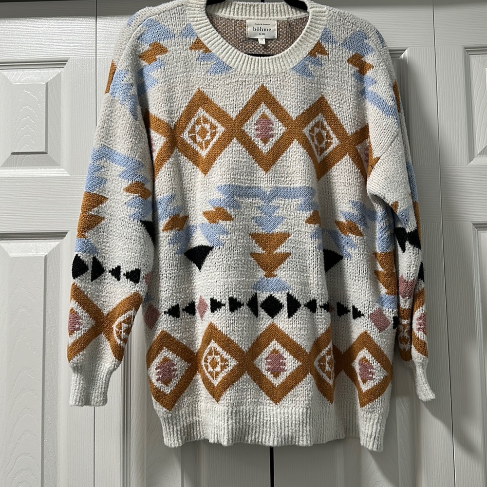 Bohme Geometric Pattern Sweater in White, Brown, and Blue